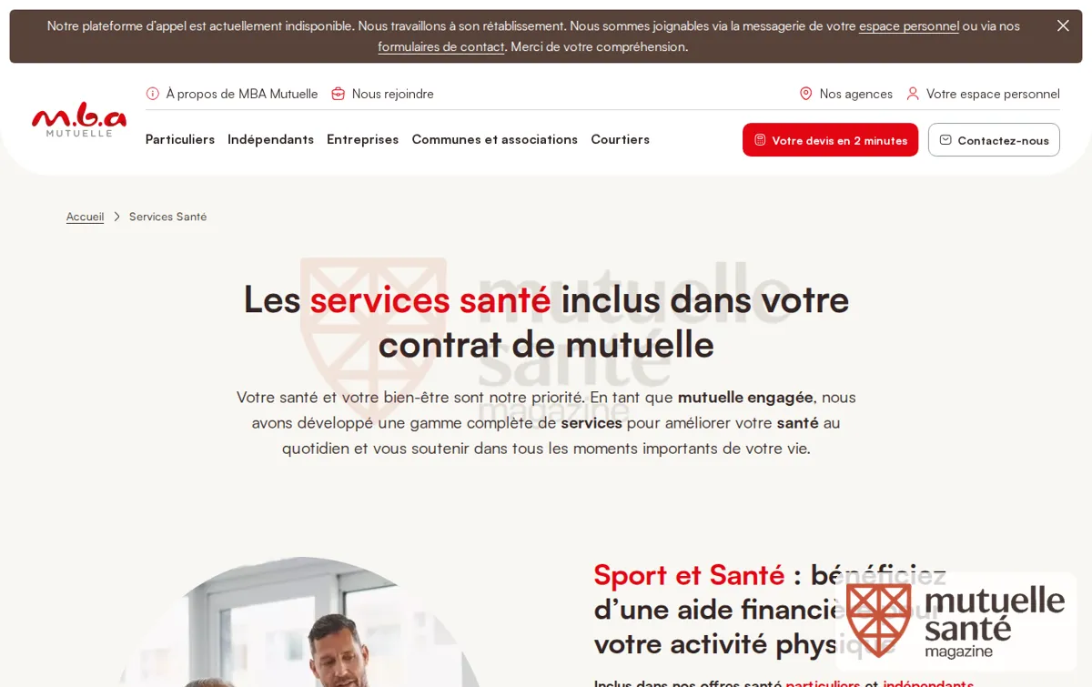 Capture : Services Santé inclus l Mutuelle santé particuliers - MBA Mutuelle