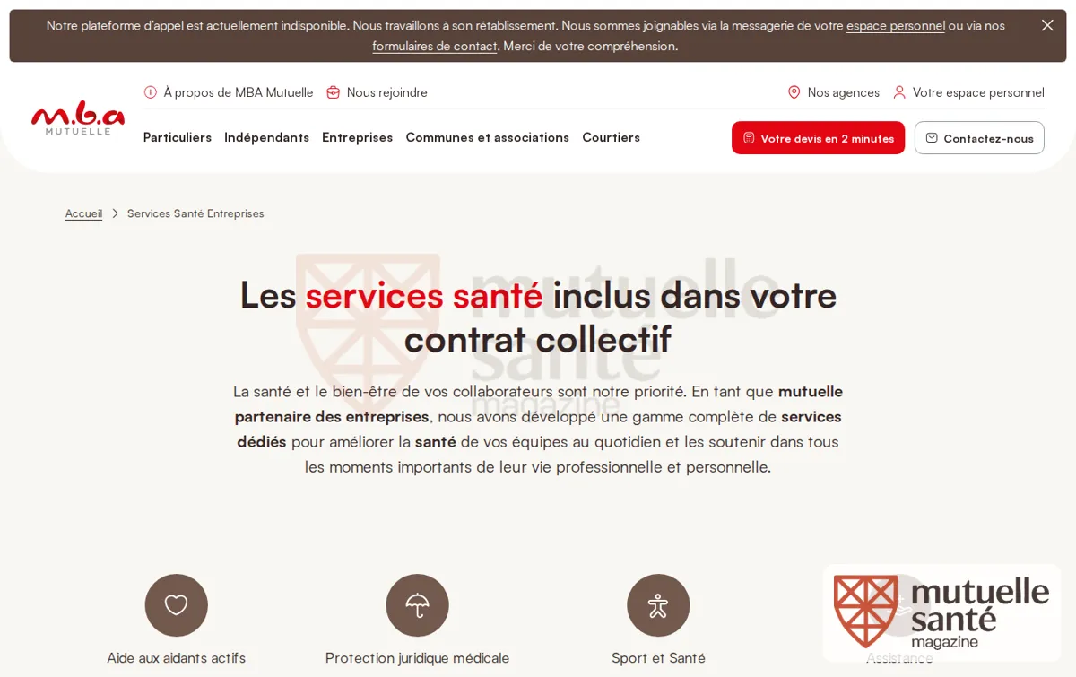 Capture : Services Santé Entreprises - MBA Mutuelle